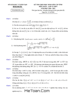 Đề thi HSG Toán 12 cấp tỉnh năm 2020 - 2021 sở GD&ĐT Bình Phước