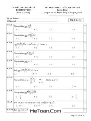 Đề thi HK2 Toán 11 năm 2017 - 2018 trường THPT Nguyễn Du - Phú Yên (có đáp án)