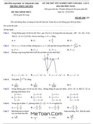 Đề thi thử Toán TN THPT 2021 lần 2 trường THPT chuyên Sư phạm Hà Nội