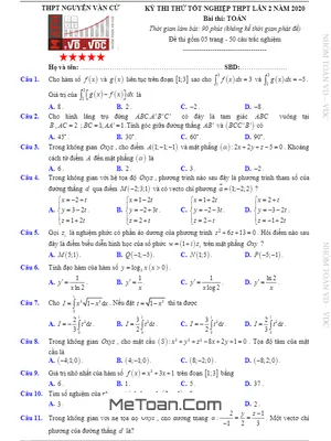 Đề thi thử THPT Quốc gia 2020 môn Toán lần 2 trường THPT Nguyễn Văn Cừ - Hải Dương