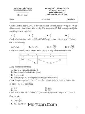 Đề thi thử THPT Quốc gia 2018 môn Toán trường THPT Kinh Môn – Hải Dương