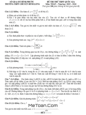 Đề Thi Thử Quốc Gia 2016 Môn Toán Trường Chuyên Bình Long - Bình Phước
