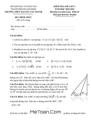 Đề thi giữa kỳ 1 Toán 10 năm 2022 - 2023 trường THPT Nguyễn Tất Thành - TP.HCM