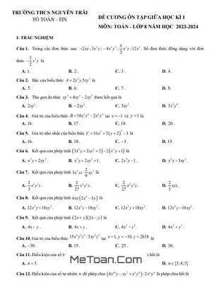 Đề Cương Ôn Tập Giữa Kì 1 Toán Lớp 8 Năm 2023-2024 Trường THCS Nguyễn Trãi - Quảng Trị