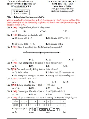 Đề Tham Khảo Học Kỳ 1 Toán 6 Năm 2022 - 2023 Trường THCS Hoàng Quốc Việt - TP HCM