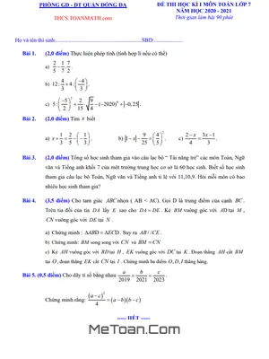 Đề thi học kì 1 Toán 7 năm 2020 - 2021 phòng GD&ĐT Đống Đa - Hà Nội