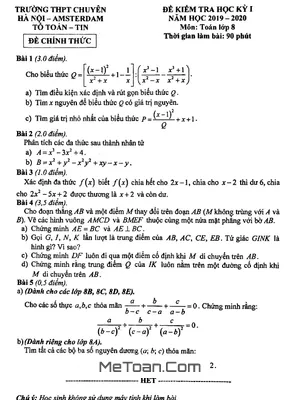 Đề thi HK1 Toán 8 năm 2019 - 2020 trường THPT chuyên Hà Nội - Amsterdam