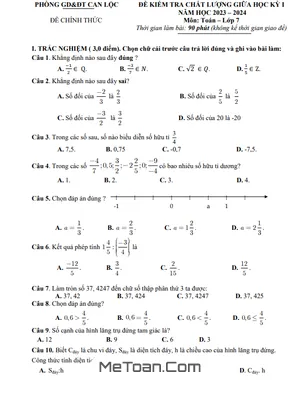 Đề giữa kì 1 Toán 7 năm 2023 - 2024 phòng GD&ĐT Can Lộc - Hà Tĩnh