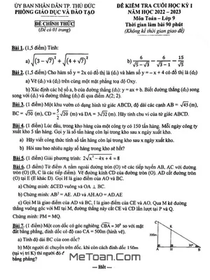 Đề thi học kỳ 1 Toán 9 năm 2022 - 2023 phòng GD&ĐT Thủ Đức - TP HCM