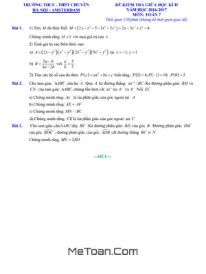 Đề thi giữa kì 2 Toán 7 năm 2016 - 2017 trường chuyên Hà Nội - Amsterdam