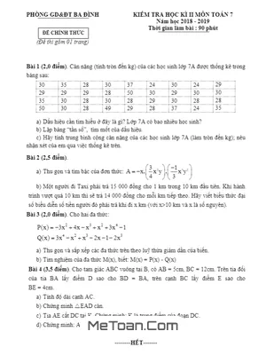 Đề thi học kỳ 2 Toán lớp 7 năm 2018 - 2019 phòng GD&ĐT Ba Đình - Hà Nội