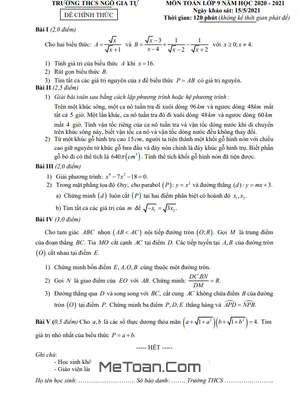 Đề khảo sát chất lượng Toán 9 năm 2020 - 2021 trường Ngô Gia Tự - Hà Nội