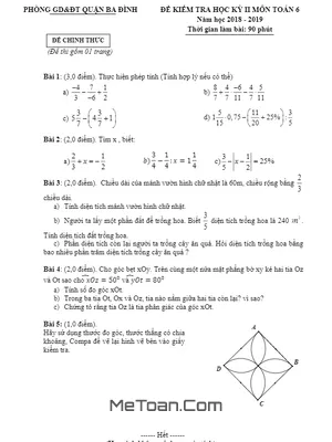 Đề thi học kỳ 2 Toán lớp 6 năm 2018 - 2019 phòng GD&ĐT Ba Đình - Hà Nội