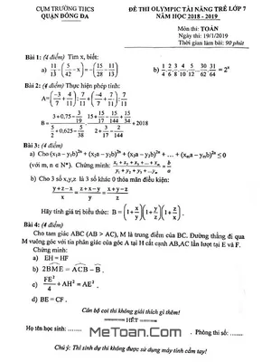 Đề thi Olympic Tài năng trẻ Toán 7 năm 2018 - 2019 quận Đống Đa - Hà Nội