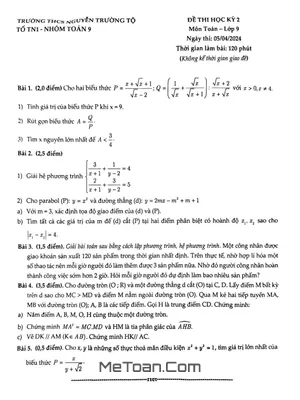 Đề thi học kỳ 2 Toán 9 năm 2023 - 2024 trường THCS Nguyễn Trường Tộ - Hà Nội
