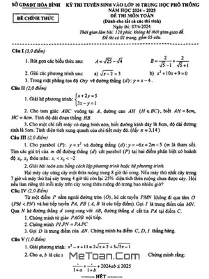 Đề thi tuyển sinh lớp 10 môn Toán năm 2024 - 2025 Sở GD&ĐT Hòa Bình