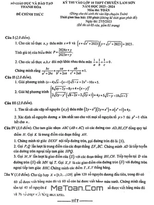 Đề thi vào lớp 10 chuyên Toán trường THPT chuyên Lam Sơn - Thanh Hóa năm 2023 - 2024