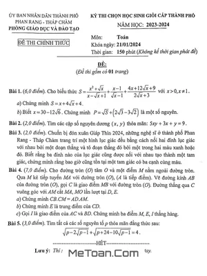 Đề HSG Toán 9 Năm 2023 - 2024 Phòng GD&ĐT Phan Rang - Tháp Chàm - Ninh Thuận