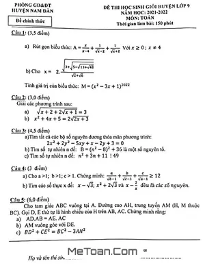 Đề thi HSG Toán 9 huyện Nam Đàn, Nghệ An năm 2021 - 2022 - Môn Toán Lớp 9
