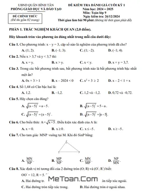 Đề thi học kỳ 1 Toán 9 năm 2024 - 2025 phòng GD&ĐT Bình Tân - TP HCM