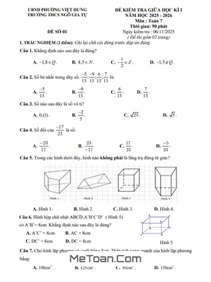 Đề thi giữa kì 1 Toán 7 năm 2025 - 2026 THCS Ngô Gia Tự - Hà Nội (Kèm Đáp Án)