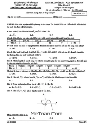 Đề thi học kì 1 Toán 12 năm 2025 - 2026 trường THPT Lương Thế Vinh - TP. HCM
