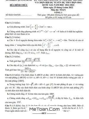 Đề thi chọn HSG Toán 11 năm 2021 - 2022 sở GD&ĐT Quảng Bình