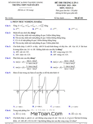 Đề thi tháng lần 1 Toán 11 năm 2023 - 2024 trường THPT Ngô Sĩ Liên - Bắc Giang