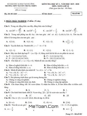 Đề thi HK1 Toán 10 năm 2019 - 2020 trường Nguyễn Trung Thiên - Hà Tĩnh (có đáp án)