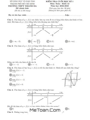 Đề thi học kì 1 Toán 12 năm 2022 - 2023 trường THPT Thanh Đa - TP HCM (có đáp án)