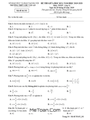 Đề kiểm tra giữa HK1 Toán 11 năm 2019 - 2020 trường Chu Văn An - Hà Nội