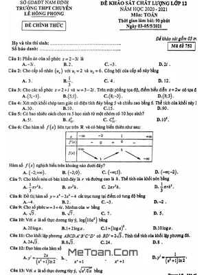 Đề KSCL Toán 12 năm 2020 - 2021 trường chuyên Lê Hồng Phong - Nam Định