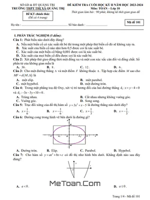 Đề thi cuối kỳ 2 Toán 10 năm 2023 - 2024 trường THPT Thị xã Quảng Trị