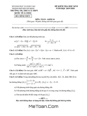 Đề Thi Học Kì 2 Toán 10 Năm 2019 - 2020 Trường Quốc Tế Á Châu - TP. HCM