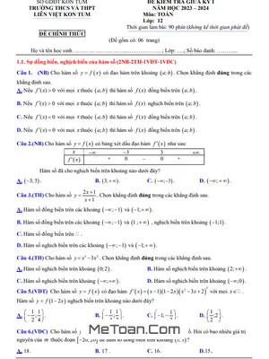 Đề Thi Giữa Kỳ 1 Toán 12 Năm 2023 - 2024 Trường THCS&THPT Liên Việt Kon Tum