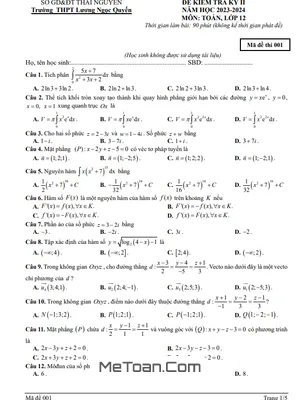 Đề thi cuối kỳ 2 Toán 12 năm 2023 - 2024 trường THPT Lương Ngọc Quyến - Thái Nguyên