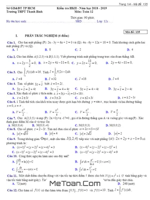 Đề thi HK2 Toán 12 năm 2018 - 2019 trường THPT Thanh Bình - TP HCM - Mã đề 135