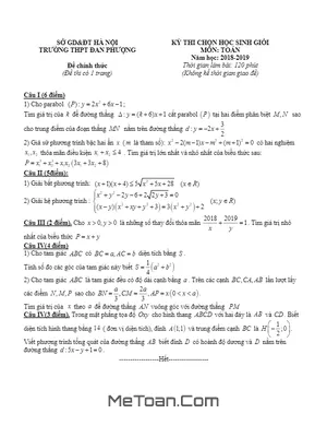 Đề thi học sinh giỏi Toán 10 năm 2018 - 2019 trường Đan Phượng - Hà Nội