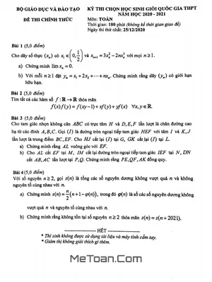 Đề thi chọn học sinh giỏi Quốc gia môn Toán năm học 2020 - 2021