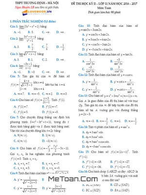 Đề thi HK2 Toán 11 năm học 2016 - 2017 trường THPT Trường Định - Hà Nội