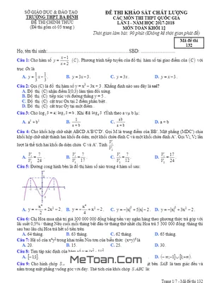 Đề Thi Thử Toán 2018 THPT Quốc Gia Trường THPT Ba Đình - Thanh Hóa (Có Đáp Án)