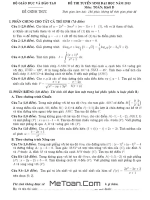 Đề thi và đáp án môn Toán khối D năm 2013 chi tiết nhất