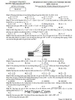 Đề KSCL Lần 3 Toán 10 Năm 2022 - 2023 Trường THPT Nguyễn Viết Xuân - Vĩnh Phúc