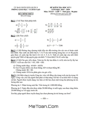 Đề thi học kỳ 1 Toán 7 năm 2019 - 2020 phòng GD&ĐT Quận 9 - TP HCM