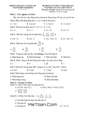 Đề thi HK1 Toán 8 năm học 2017 - 2018 phòng GD&ĐT thành phố Ninh Bình