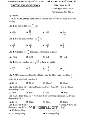 Đề thi giữa kì 2 Toán 6 năm 2023 - 2024 trường THCS Ngô Quyền - Hà Nội