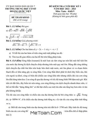 Đề tham khảo học kỳ 1 Toán 9 năm 2022 - 2023 trường THCS Hoàng Quốc Việt - TP HCM