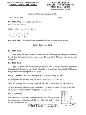 Đề thi học kì 2 Toán lớp 8 năm 2019 - 2020 trường THCS&THPT Trí Đức - TP.HCM