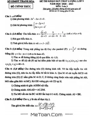 Đề thi khảo sát chất lượng Toán 9 năm 2020 - 2021 sở GD&ĐT Thanh Hóa