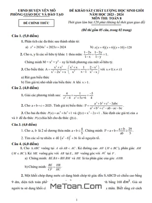 Đề khảo sát HSG Toán 8 năm 2023 - 2024 phòng GD&ĐT Yên Mô - Ninh Bình